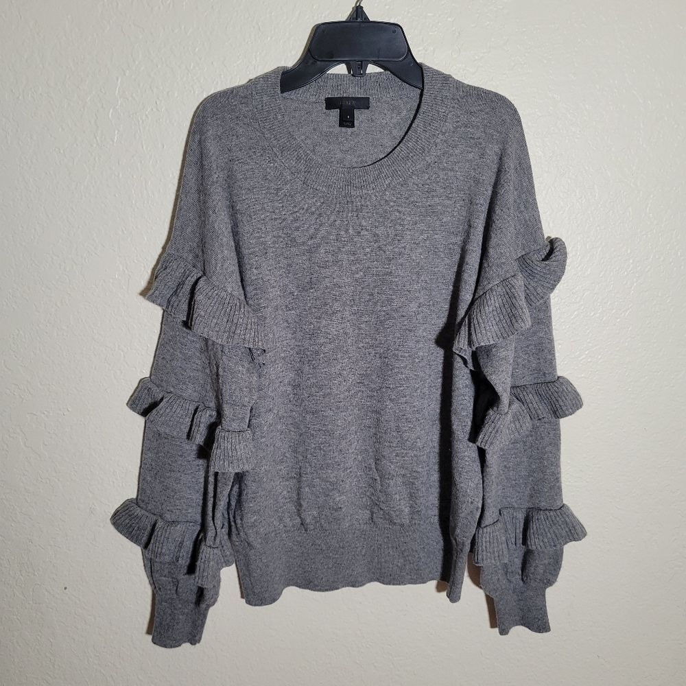 J.Crew | Hope Gray Cascading Ruffle Sleeves Sweater Wool Blend Preppy Boho S